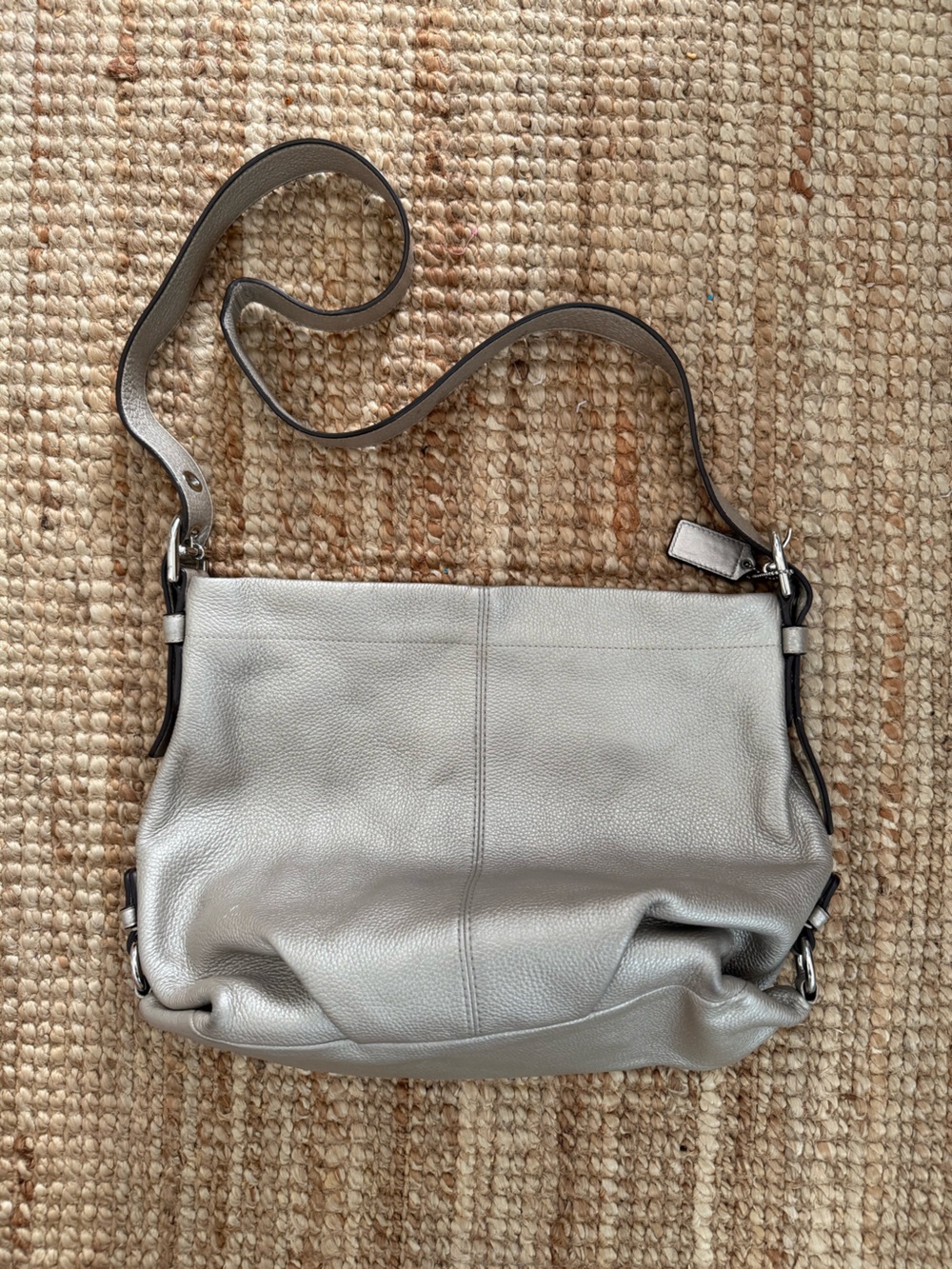 Coach Pebbled Leather Gray Adjustable Crossbody Hobo Bag Silver Hardware